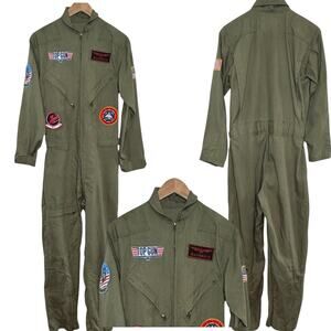 Top Gun Maverick Flight Suit Coveralls Olive Green Zip Up Patches Tomcat Costume